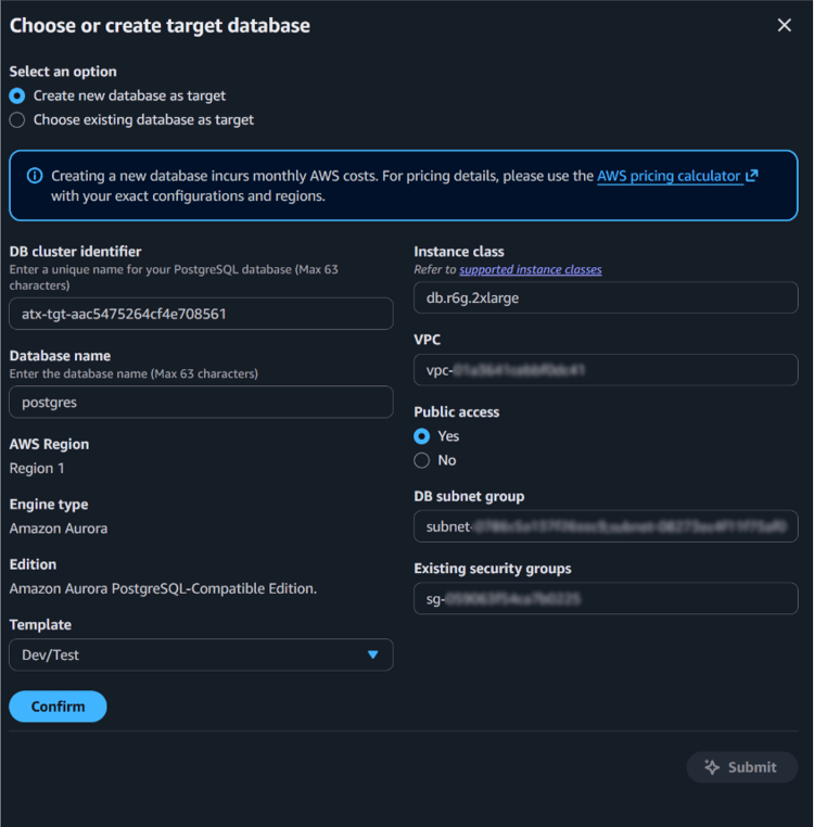 Target database options are limited to Aurora PostgreSQL.